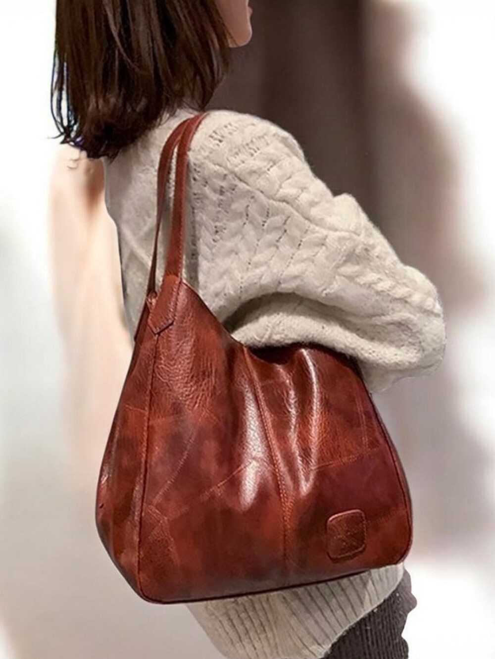 NWT. Shoulder Hobo Satchel Faux Leather Multi Pocket Top Zip. Cognac Brown.